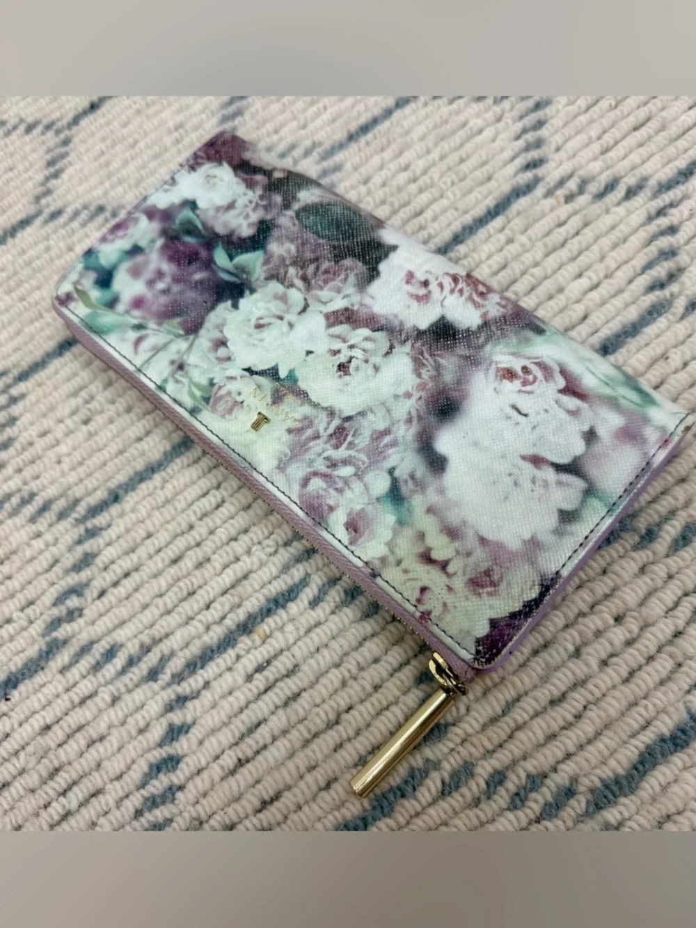 LANVIN En Bleu Lavender Floral Print Leather L-Shaped Zip Long Wallet/Clutch
